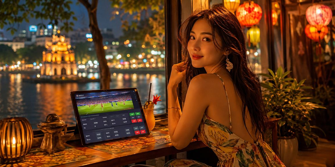 Người dùng Hà Nội ngồi cà phê theo dõi kèo bóng đá và đặt cược trên điện thoại