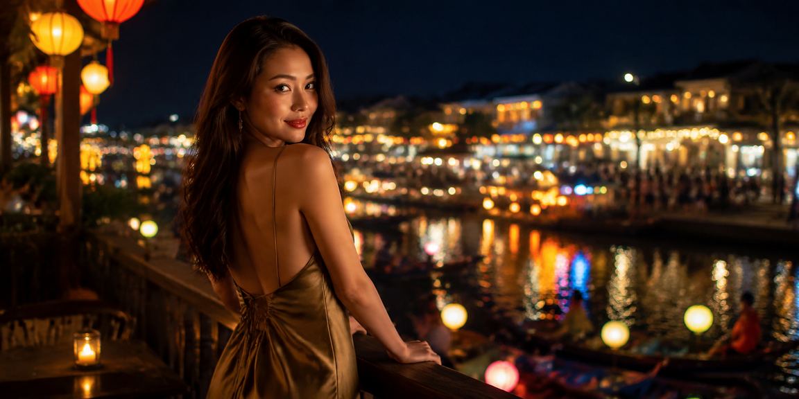 Người dùng trải nghiệm ứng dụng casino 4150 tại chợ đêm Hội An dưới ánh đèn lồng