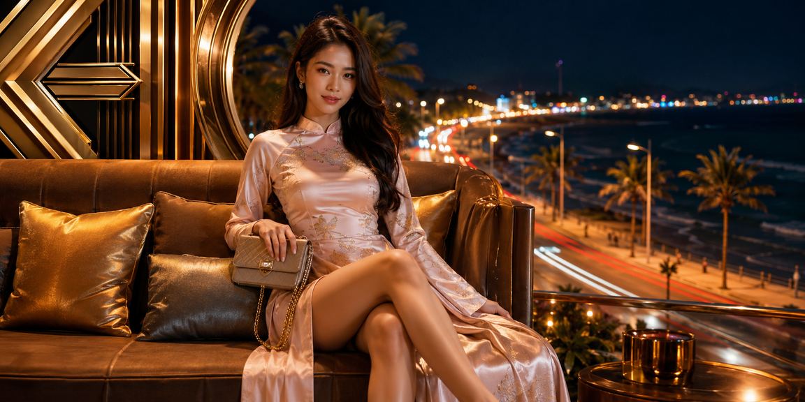 Người dùng trải nghiệm giao diện cá cược trực tuyến trên điện thoại tại bãi biển Mũi Né với trang phục áo dài truyền thống